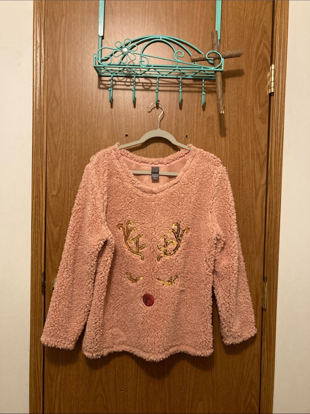 Cozy Pink Faux-Sherpa Reindeer Pullover